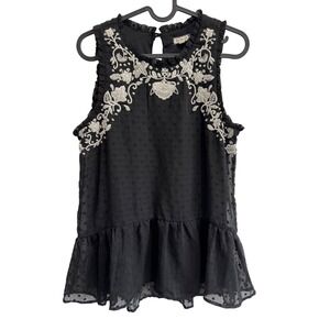 Eyeshadows Black Embroidered Sleeveless Top Ruffle Hem Women's‎ Medium